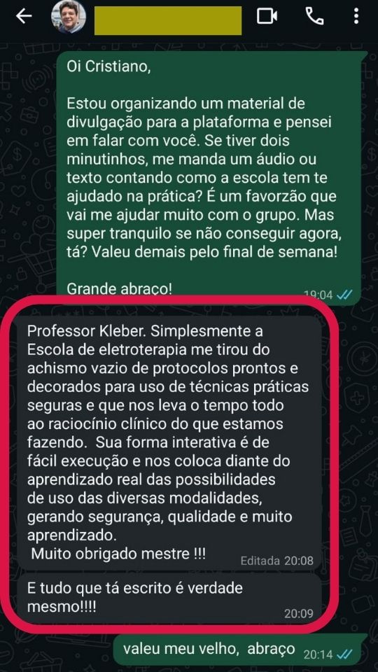 Depoimento de aluno no WhatsApp