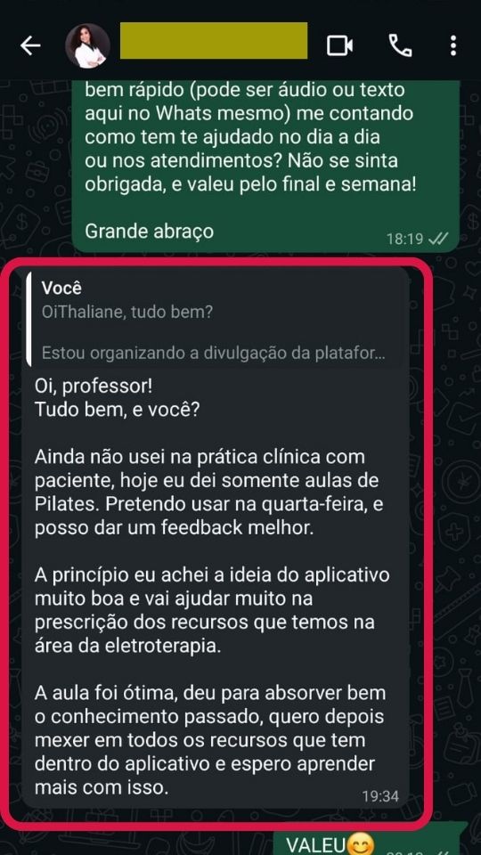 Depoimento de aluno no WhatsApp