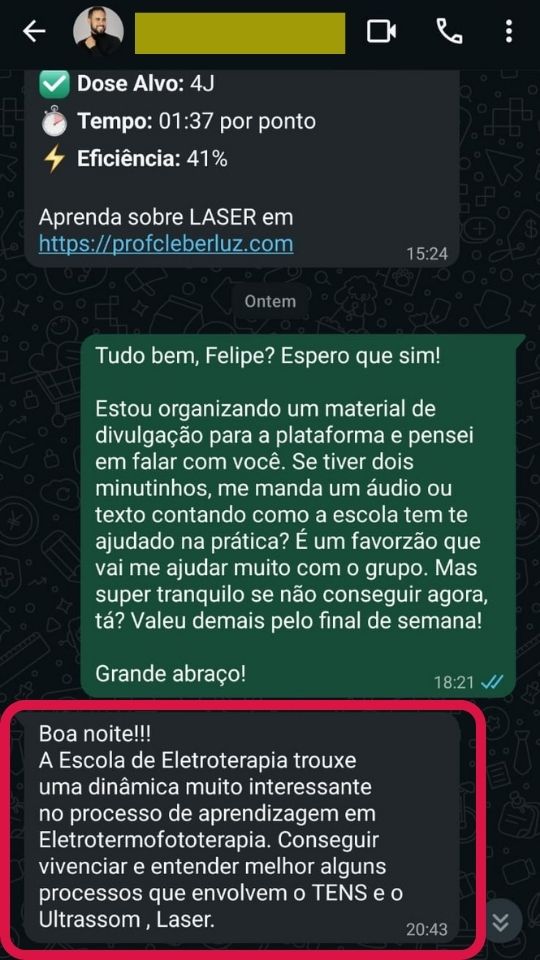 Depoimento de aluno no WhatsApp